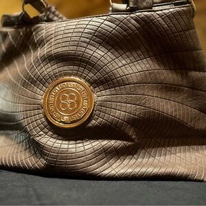 Source Unknown Textured Brown Shoulder Bag with Gold Emblem
